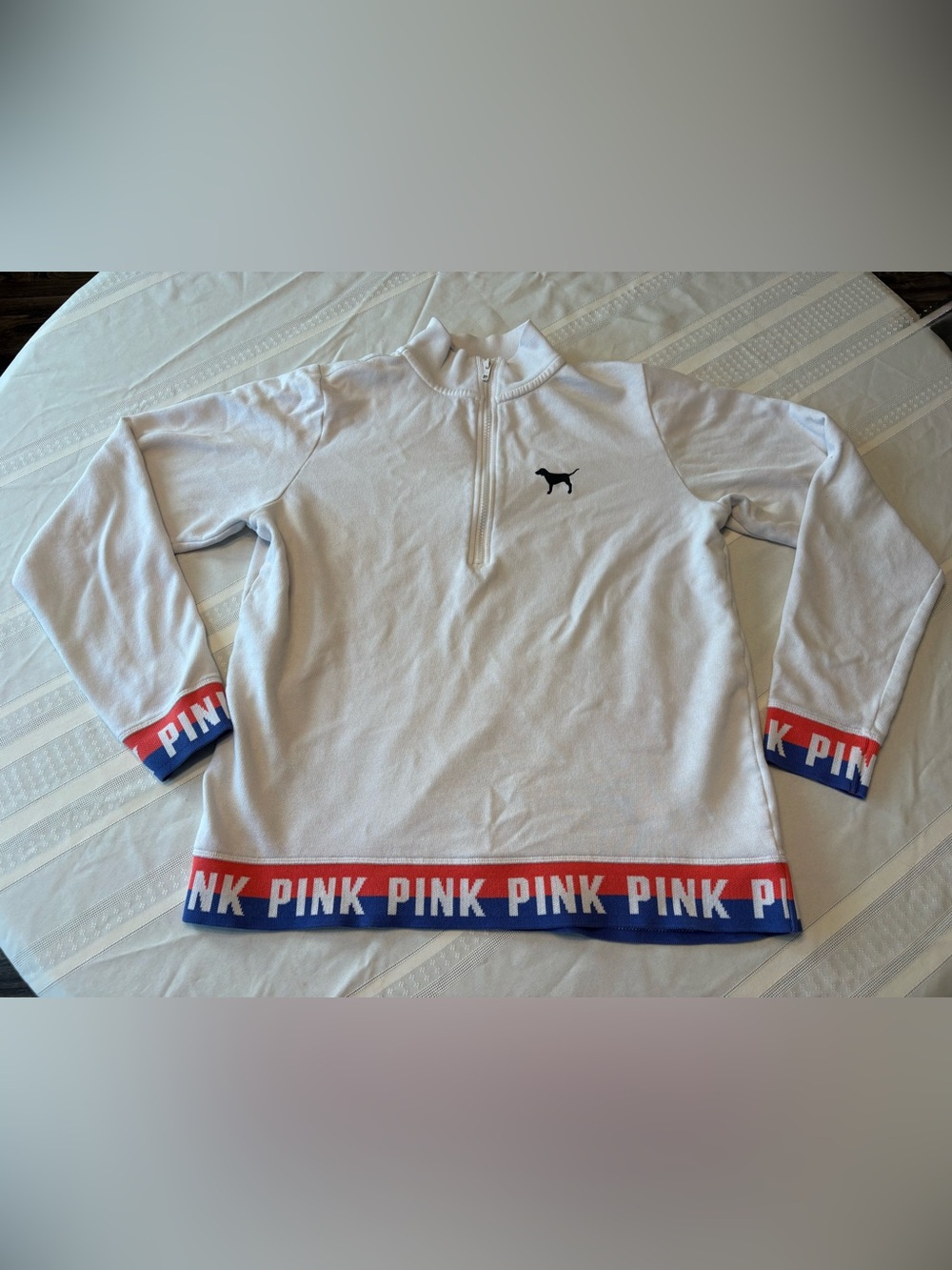 Victoria's Secret PINK White Half-Zip Pullover with Red & Blue Trim